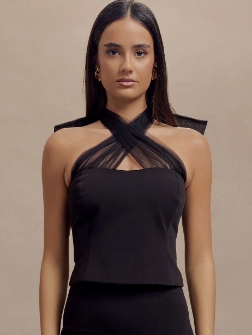 MESHKI Maryam Tulle Bow Top - Black S